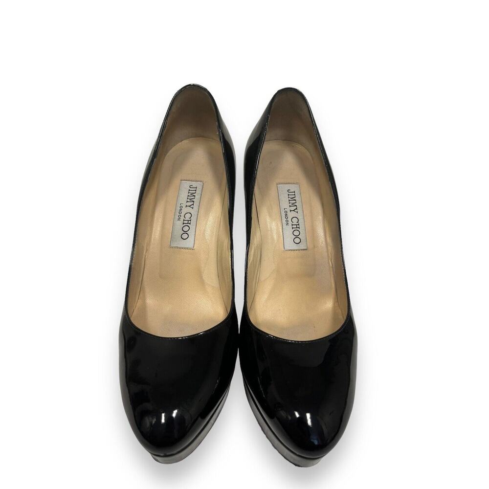 JIMMY CHOO Black Patent Leather Platform ALEX Heels Pumps 38.5 US 8.5 - Picture 4 of 8